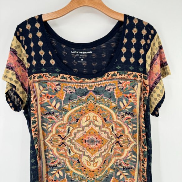 Lucky Brand Womens Boho Print Short Sleeve Top Gold blue medallion size 1X plus - Picture 7 of 13